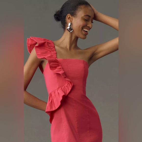 NWT! By Anthropologie One-Shoulder Ruffle Linen Column Midi Dress - Size XL🐬 - Picture 3 of 6